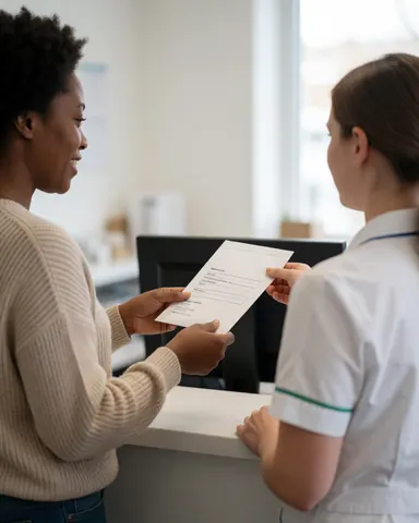 Une cliente heureuse reçoit un enveloppe contenant ses résultats cliniques des mains d'un professionnel de santé lors d'une interaction en clinique.
