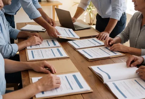 Des mains manipulant des classeurs et des documents posés sur un bureau en bois dans un environnement de travail professionnel.
