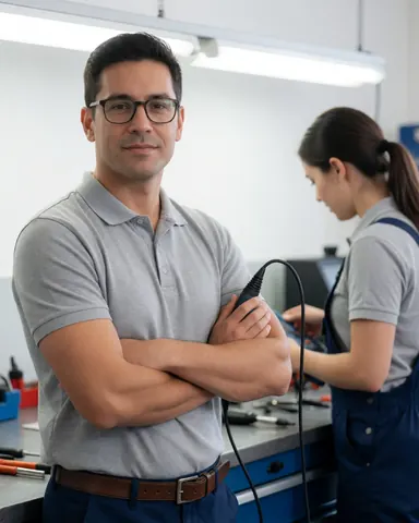 Homme portant des lunettes et une chemise polo tenant un outil de diagnostic, regardant l'objectif avec les bras croisés dans un atelier de réparation éclairé par une lumière fluorescente et une table de travail.