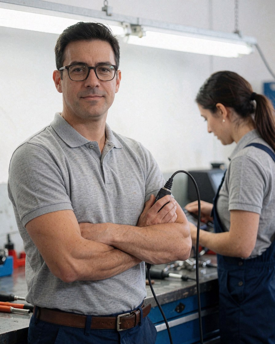 Homme portant des lunettes et une chemise polo tenant un outil de diagnostic, regardant l'objectif avec les bras croisés dans un atelier de réparation éclairé par une lumière fluorescente et une table de travail.