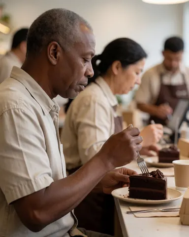Un homme savoure un gâteau au chocolat dans un café, avec d'autres personnes travaillant en arrière-plan, créant une ambiance chaleureuse et accueillante.