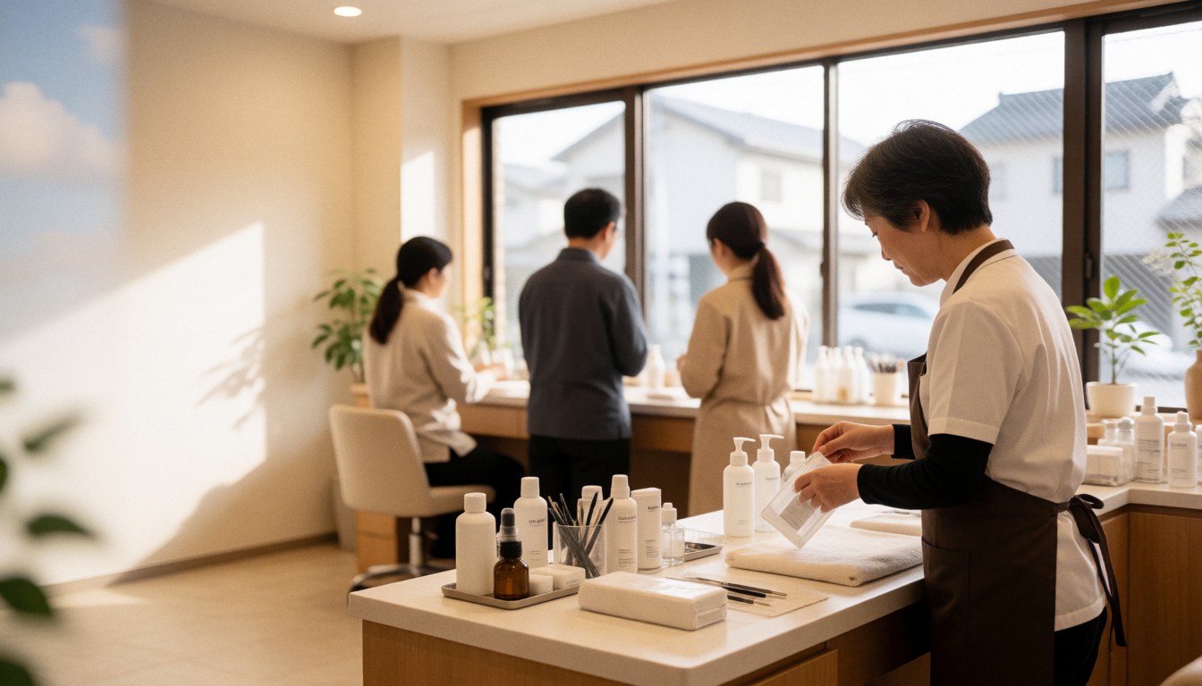 Une esthéticienne range des produits dans un salon de manucure lumineux avec grandes fenêtres, ambiance chaleureuse et clients en attente.