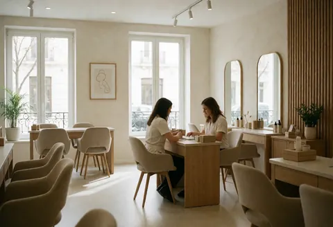 Vue intérieure d'un salon de beauté avec tables, chaises, miroirs et fenêtres. Deux personnes travaillent à une table dans un cadre calme et naturel éclairé par la lumière du jour.