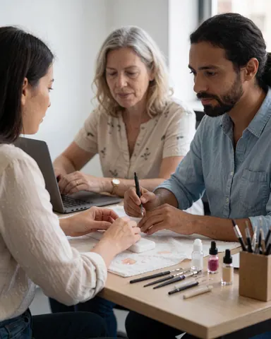 Manucuriste et cliente assises à une table de bureau, utilisant un ordinateur avec des outils de manucure et des produits de teinture visibles sur la surface.
