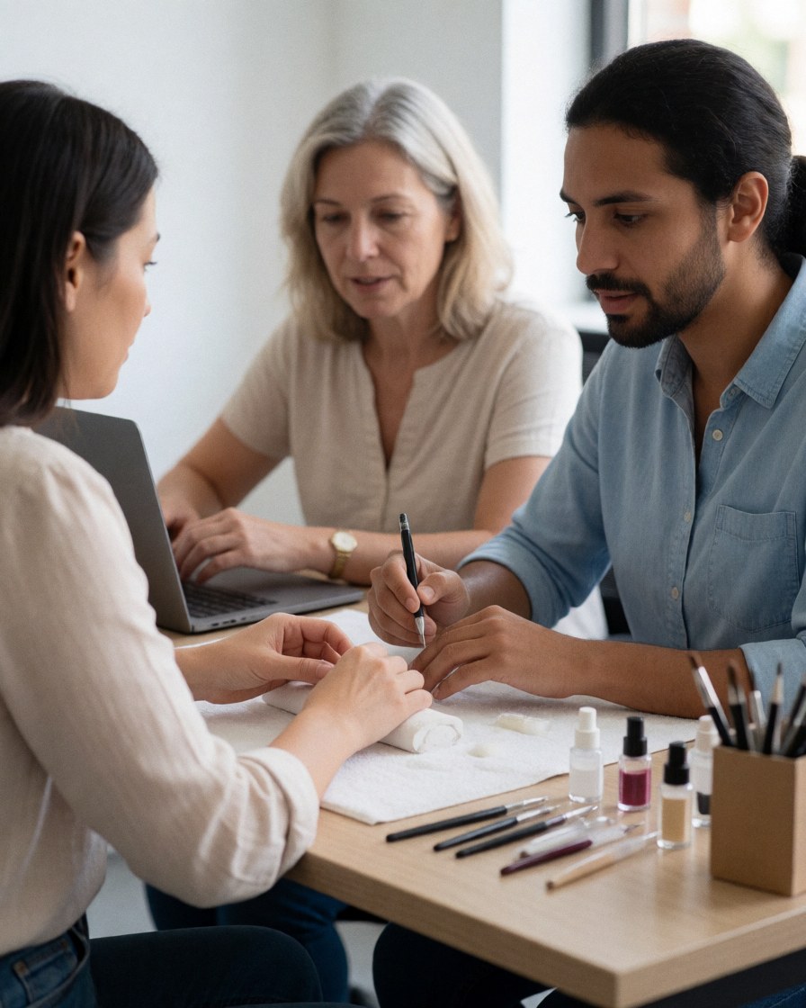 Manucuriste et cliente assises à une table de bureau, utilisant un ordinateur avec des outils de manucure et des produits de teinture visibles sur la surface.