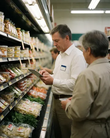 Un gérant de supermarché examine des produits avec une tablette dans le rayon des légumes, tandis qu'un client se tient dos à la caméra.