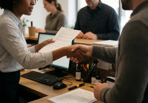 Un client signe un document avec une réceptionniste dans un environnement de bureau professionnel.