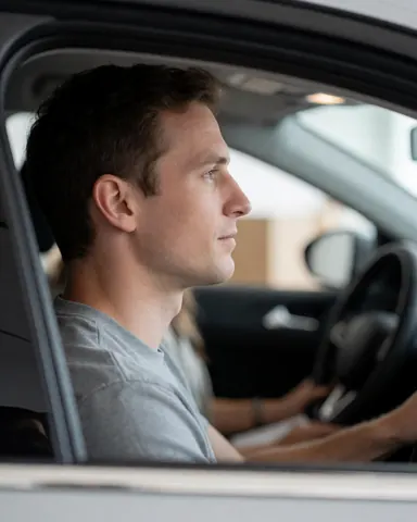 Jeune homme assis au volant d'une voiture, regardant droit devant lui avec concentration, mains sur le volant, intérieur du véhicule visible, arrière-plan flou.