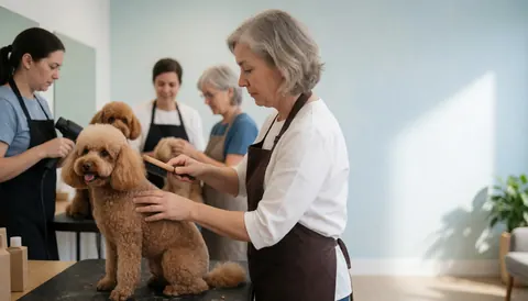 Une groomer professionnelle brossant un caniche marron dans un salon lumineux. Une autre personne sèche un chien en arrière-plan. Ambiance propre avec murs clairs et plante.