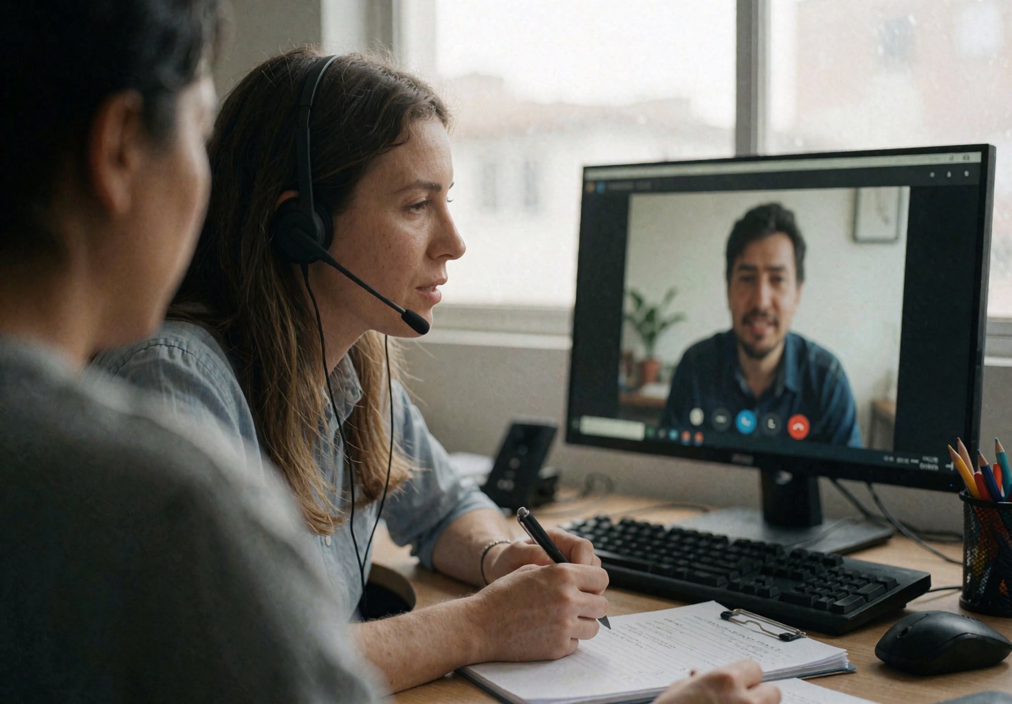 Une agente de service client explique une solution à un client lors d'un appel vidéo depuis son bureau équipé d'ordinateur et de matériel de bureau.