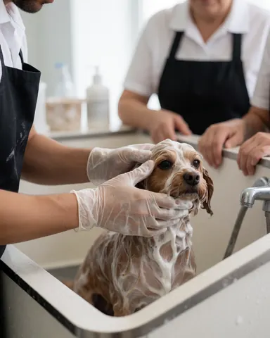 Un chien noir est en train de se faire laver dans une baignoire par un groomer portant des gants, utilisant du savon et de l'eau pour le soin.