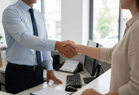Réceptionniste en bureau moderne saluant un client avec une poignée de main ferme, montrant professionnalisme et bienvenue.