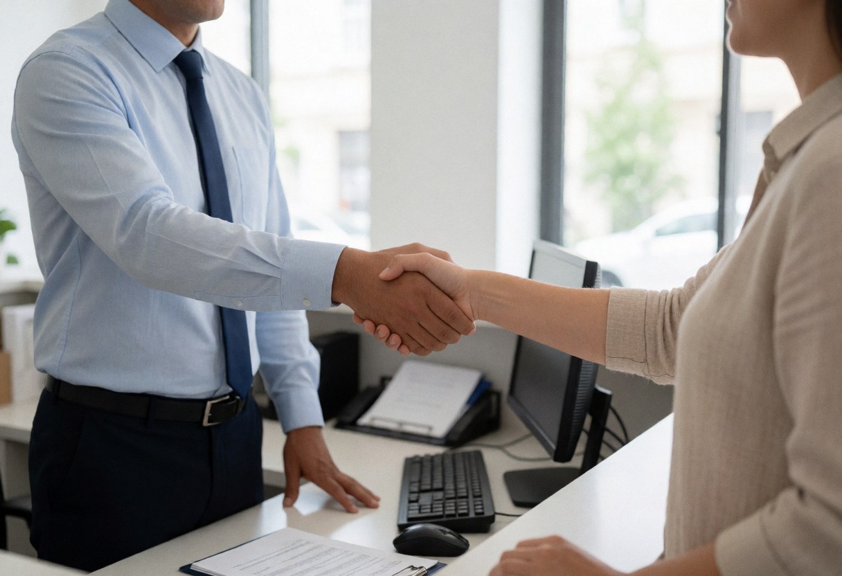 Réceptionniste en bureau moderne saluant un client avec une poignée de main ferme, montrant professionnalisme et bienvenue.