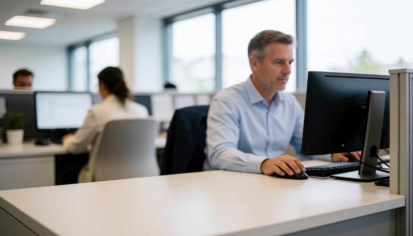 Agents du service client travaillant sur des ordinateurs dans un environnement professionnel lumineux et organisé.