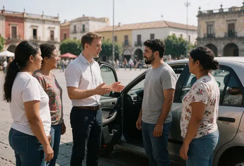Un instructeur d'auto-école explique à plusieurs étudiants debout près d'une voiture avec la porte ouverte sous le soleil.