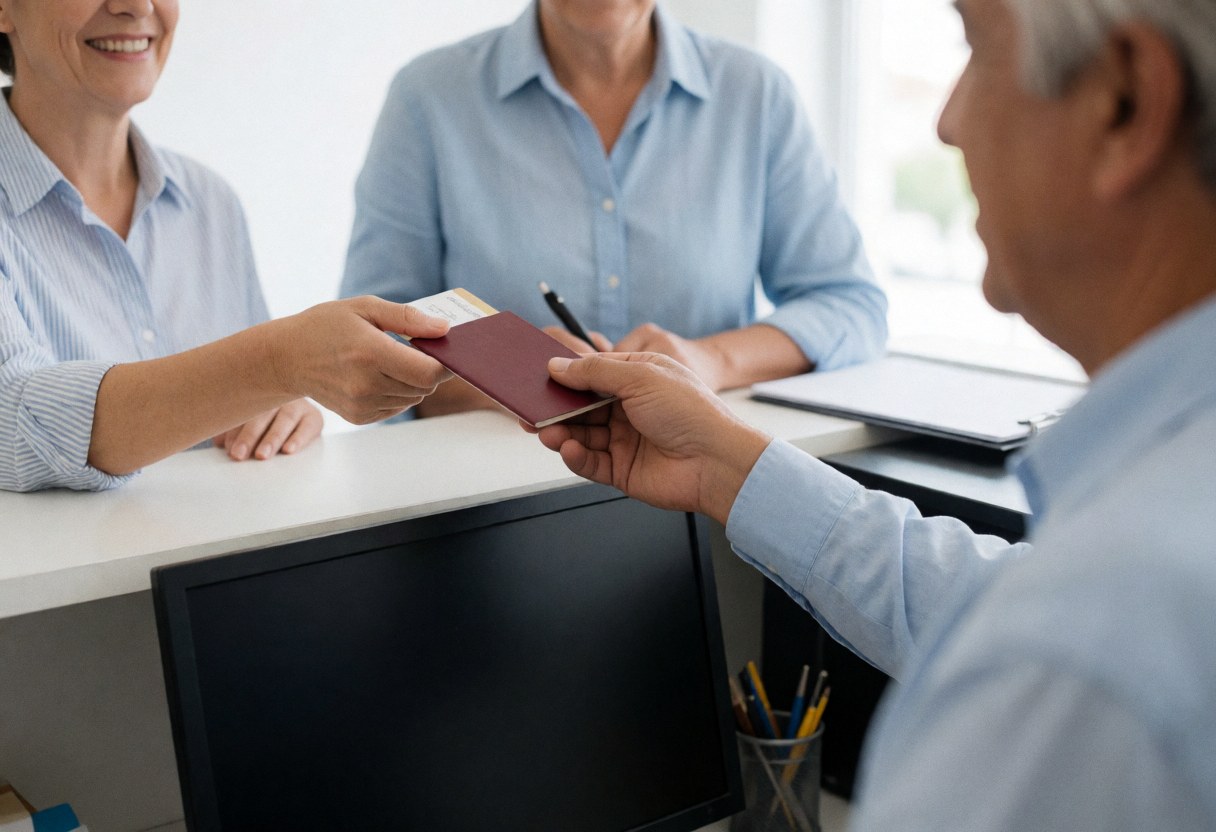 Un agent de bureau remet un passeport et un billet de transport à un client, avec un ordinateur et un stylo sur le bureau.