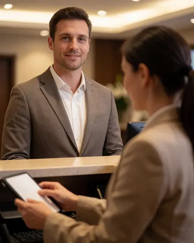Réceptionniste d'hôtel souriant utilisant une tablette derrière le bureau en bois pour assister un client dans un cadre professionnel et chaleureux.