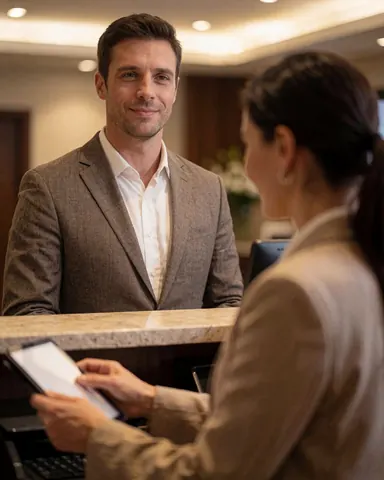 Réceptionniste d'hôtel souriant utilisant une tablette derrière le bureau en bois pour assister un client dans un cadre professionnel et chaleureux.