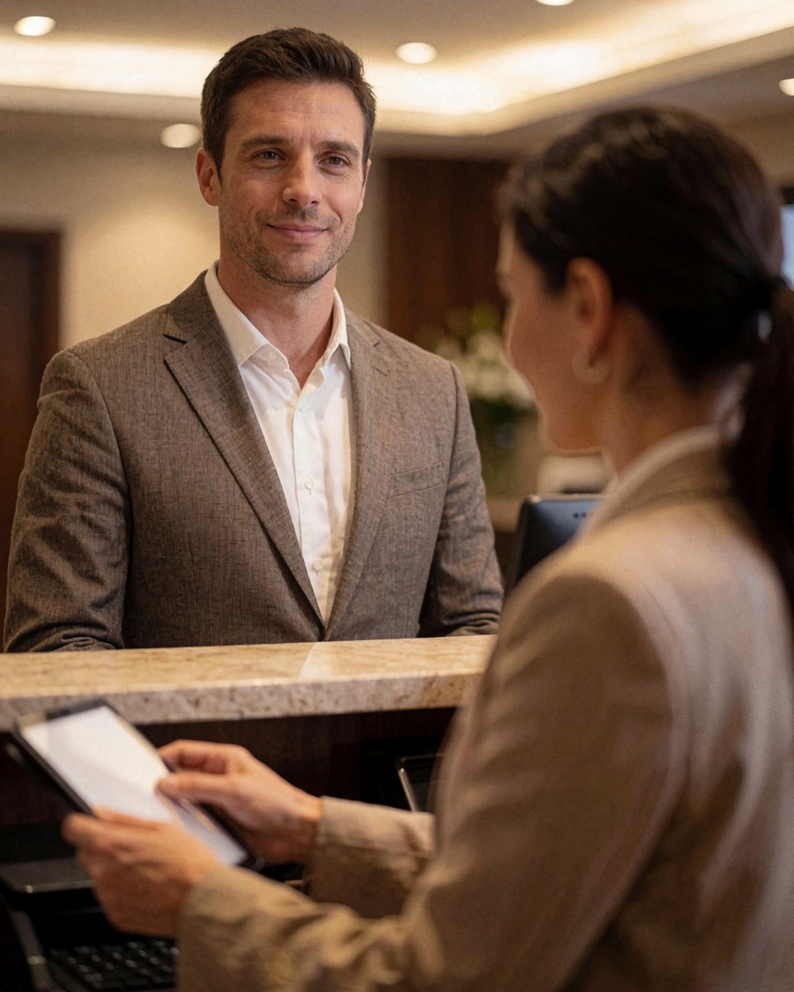 Réceptionniste d'hôtel souriant utilisant une tablette derrière le bureau en bois pour assister un client dans un cadre professionnel et chaleureux.