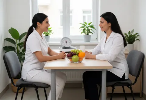 Une nutritionniste examine des fruits frais en consultation lumineuse, accompagnée d'une balance et de plantes sur la table.