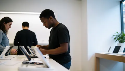 Un technicien dans un magasin moderne et lumineux présente des smartphones à un client. L'espace affiche des écrans, des câbles et des accessoires sur des tables en bois.