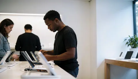 Un technicien dans un magasin moderne et lumineux présente des smartphones à un client. L'espace affiche des écrans, des câbles et des accessoires sur des tables en bois.