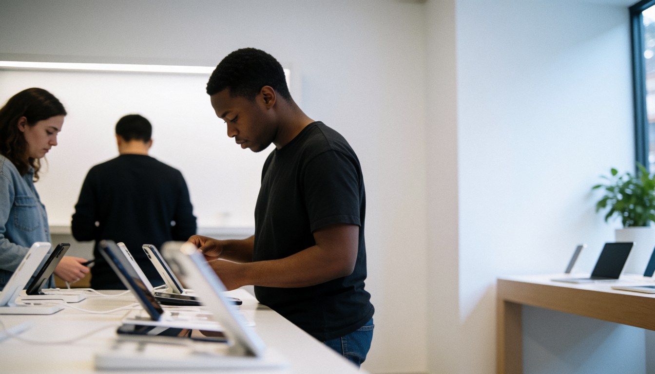 Un technicien dans un magasin moderne et lumineux présente des smartphones à un client. L'espace affiche des écrans, des câbles et des accessoires sur des tables en bois.