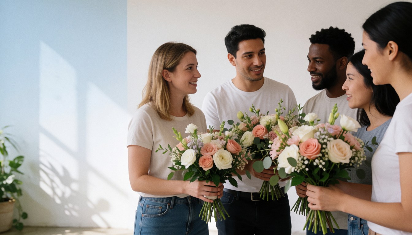 Une équipe souriante de planificateurs de mariages tient des branches fleuries dans un espace intérieur lumineux, idéal pour les événements et les unions.