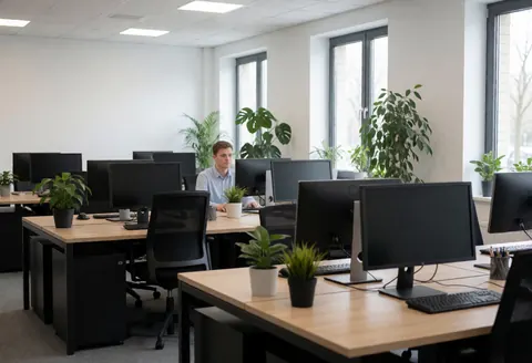 Vue d'un bureau de marketing vide, équipé d'un bureau, d'une chaise, d'un ordinateur et de plantes, baigné de lumière naturelle par une grande fenêtre.