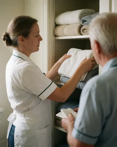 Une employée range des serviettes dans un placard de salle de bain pendant une scène de travail en intérieur.