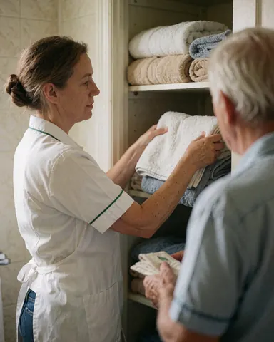 Une employée range des serviettes dans un placard de salle de bain pendant une scène de travail en intérieur.