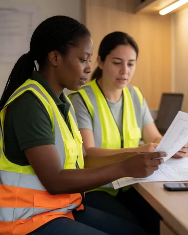 Deux professionnelles en tenue de sécurité examinent ensemble des plans techniques à l'intérieur d'un trailer de construction sur un site de travail.