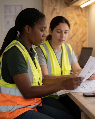 Deux professionnelles en tenue de sécurité examinent ensemble des plans techniques à l'intérieur d'un trailer de construction sur un site de travail.