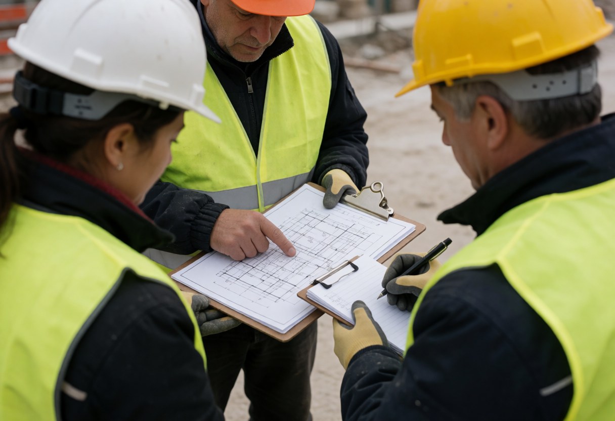 Des officiers en tenue de sécurité inspectent des documents techniques posés sur une table au milieu d'un chantier de construction actif.