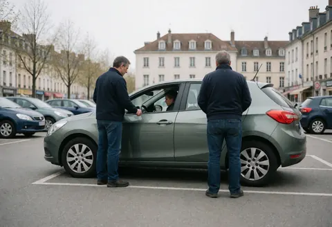 Un instructeur accompagne un élève pour des exercices de conduite sur une voiture stationnée dans un parking urbain avec des bâtiments en arrière-plan sous une lumière douce.