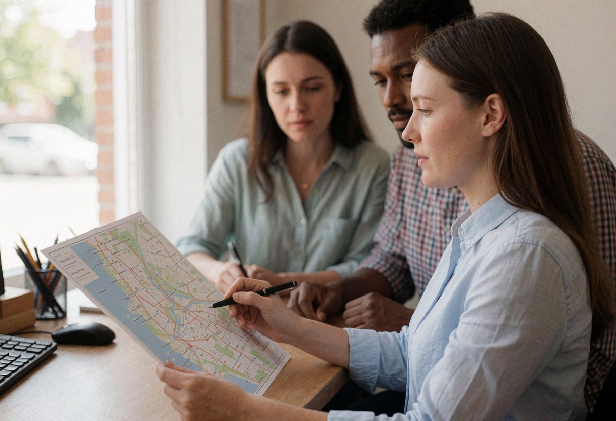 Un agent de voyage montre une carte à un couple assis à une table dans un bureau éclairé par la lumière naturelle d'une fenêtre.