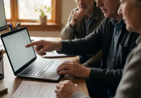 Un consultant explique des informations sur un ordinateur portable pendant qu'un client observe attentivement dans un bureau lumineux avec une plante près de la fenêtre.