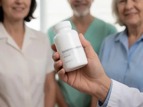 Une main tient une bouteille de supplément nutritionnel. En arrière-plan, trois personnes souriantes, dont une en blouse blanche, une autre en vert et une dernière en chemise bleue.