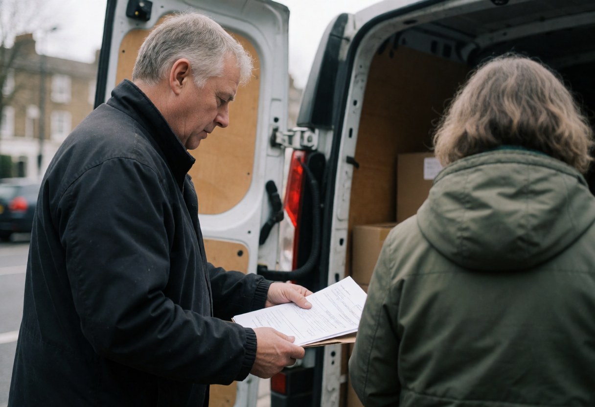 Un livreur examine une facture en présence d'un client pendant qu'il charge des marchandises dans une camionnette sur une rue urbaine par temps nuageux.