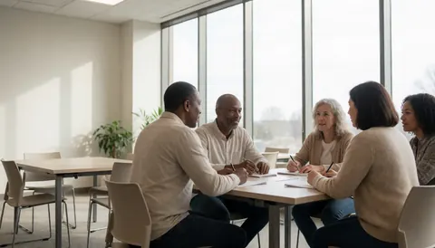 Groupe d'adultes assis à une table dans une salle lumineuse, prenant des notes et discutant pendant un cours de langues.