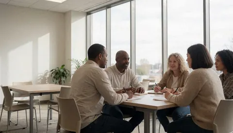 Groupe d'adultes assis à une table dans une salle lumineuse, prenant des notes et discutant pendant un cours de langues.