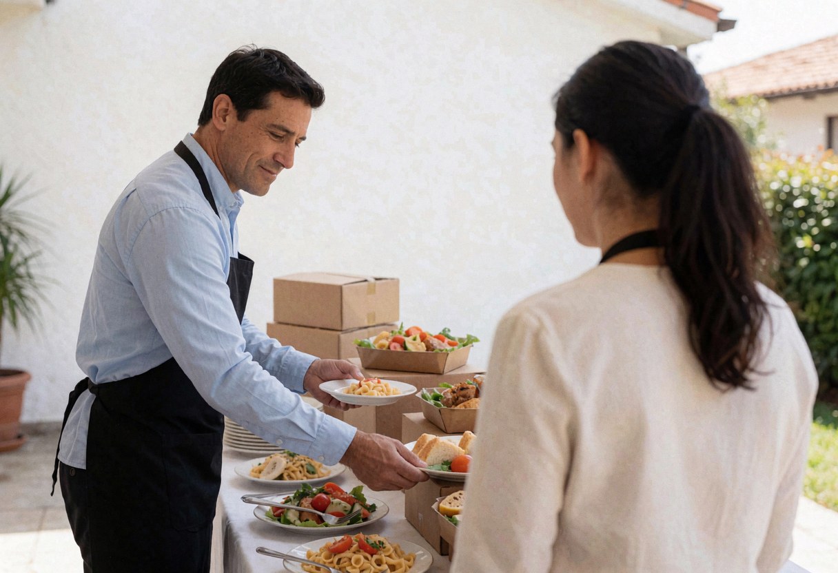 Personne ajustant les éléments d'un buffet préparé pour un événement ou une réception extérieure.