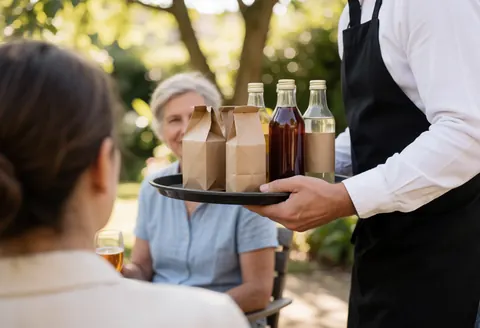 Un serveur transporte un plateau de boissons dans un jardin ensoleillé avec des clients assis et des arbres en arrière-plan.