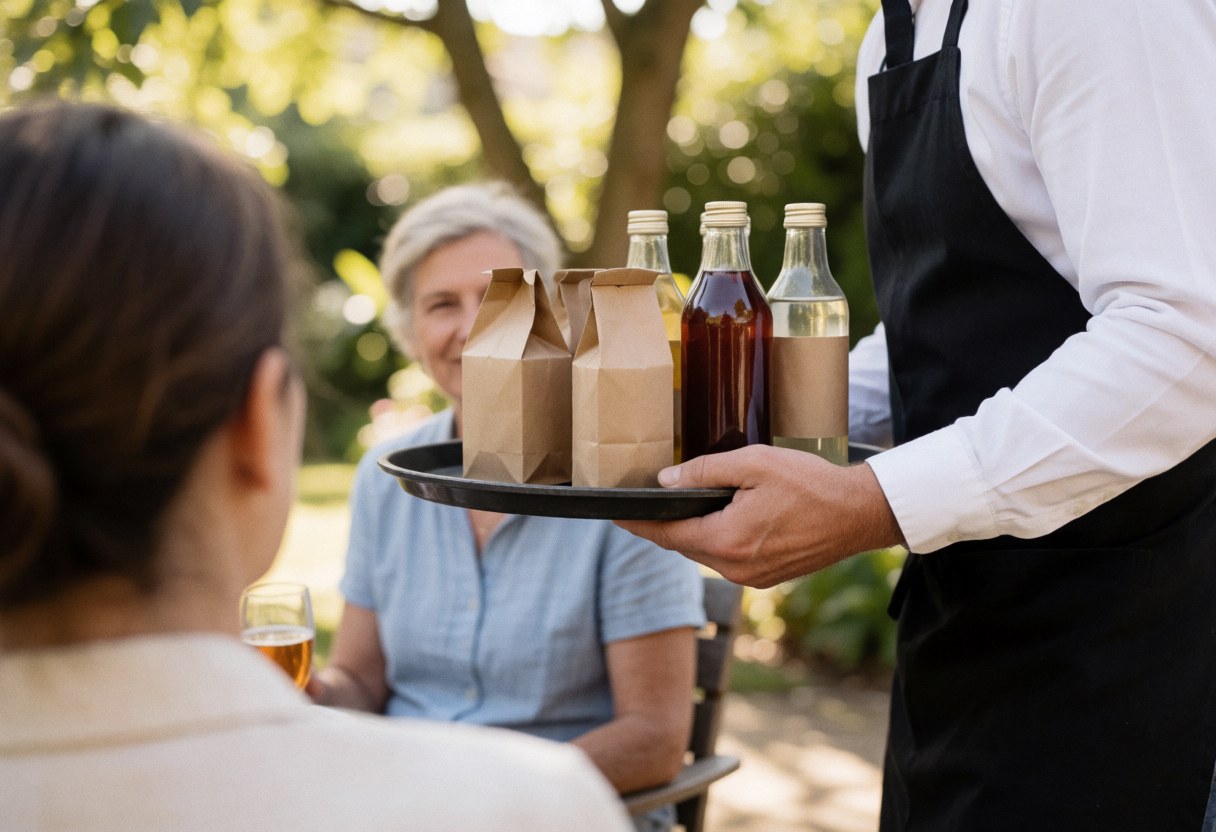 Un serveur transporte un plateau de boissons dans un jardin ensoleillé avec des clients assis et des arbres en arrière-plan.