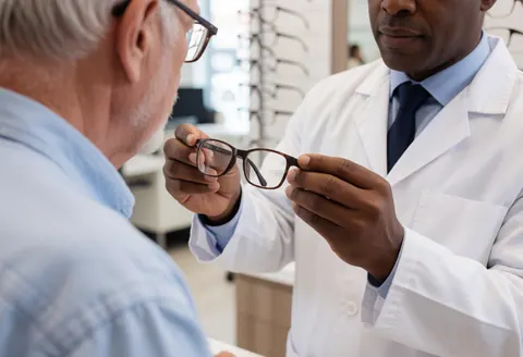 Un opticien aide une cliente âgée à essayer une paire de lunettes en magasin, montrant la monture et l'ajustant avec soin.