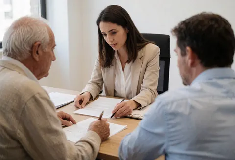 Scène de consultation professionnelle illustrant un service juridique actif et attentif.