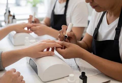 Premier plan des mains d'une esthéticienne appliquant du gel polish avec un pinceau, montrant le soin et les outils dans un salon professionnel.