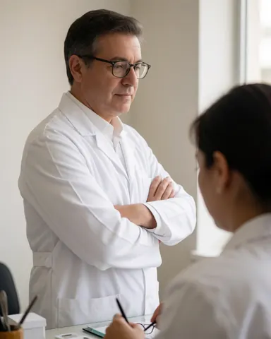 Un optométriste masculin travaille à son bureau avec des instruments médicaux et des documents.