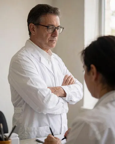 Un optométriste masculin travaille à son bureau avec des instruments médicaux et des documents.