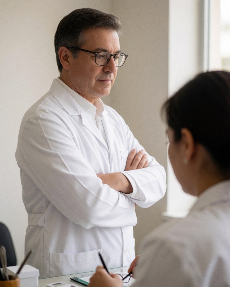 Un optométriste masculin travaille à son bureau avec des instruments médicaux et des documents.